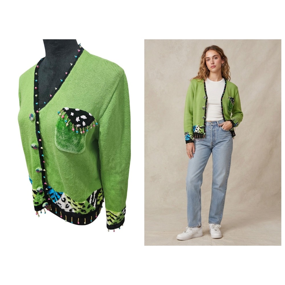 Berek Cardigan Sweater Womens Medium Green Beaded Abstract Whimsical Grannycore